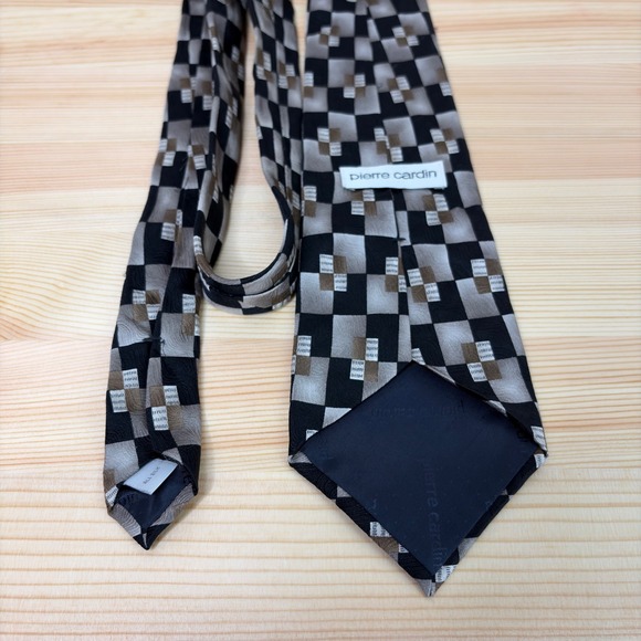 VTG Pierre Cardin Silk Tie Men Black Gray White Geometric Check Retro USA Made - Picture 2 of 5
